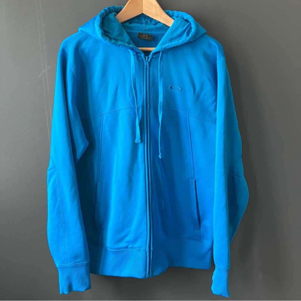 Oakley Hoodie 2010s Blue Zip Up Ribbed Cuffs Hem Zipper Pockets Embroidered Logo
